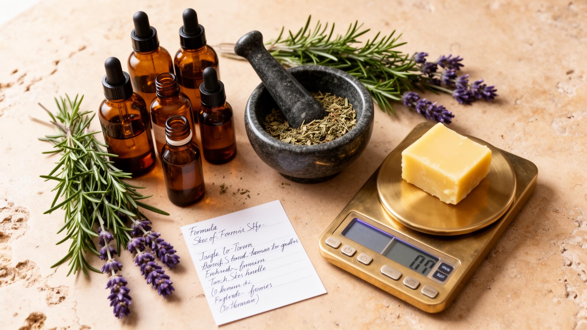 Amber bottles, mortar and pestle, fresh rosemary and lavender, brass scale in a small atelier