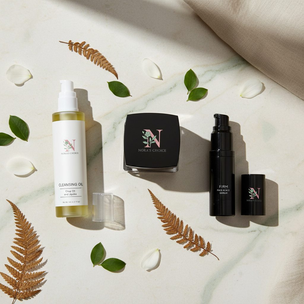 The Signature Set — Cleansing Oil, Serum, and Moisturizer arranged on linen