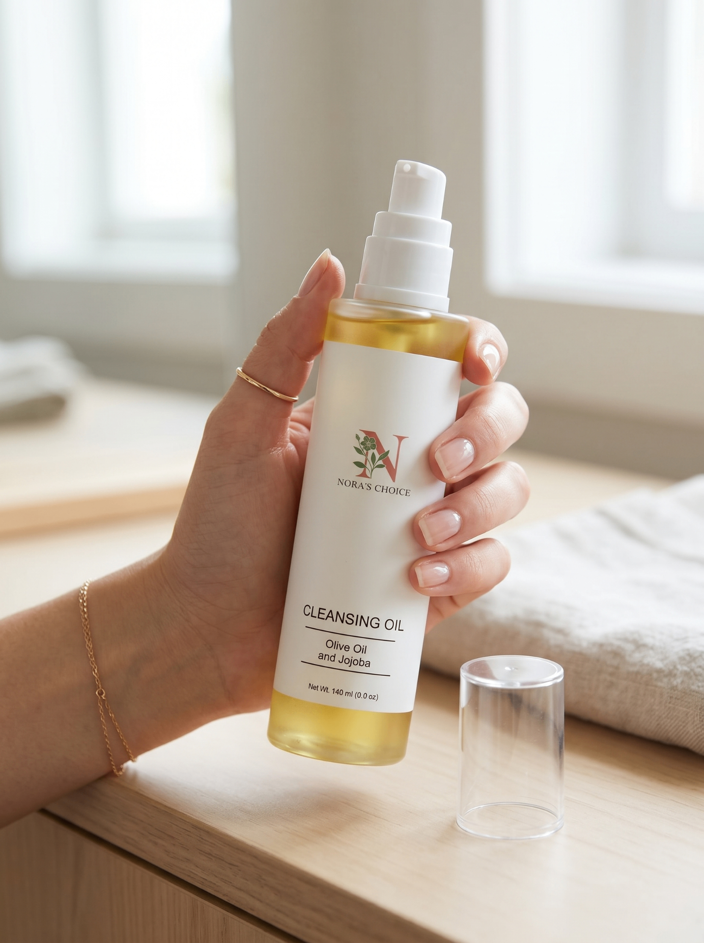 Hand holding Nora's Choice Cleansing Oil bottle in soft natural light