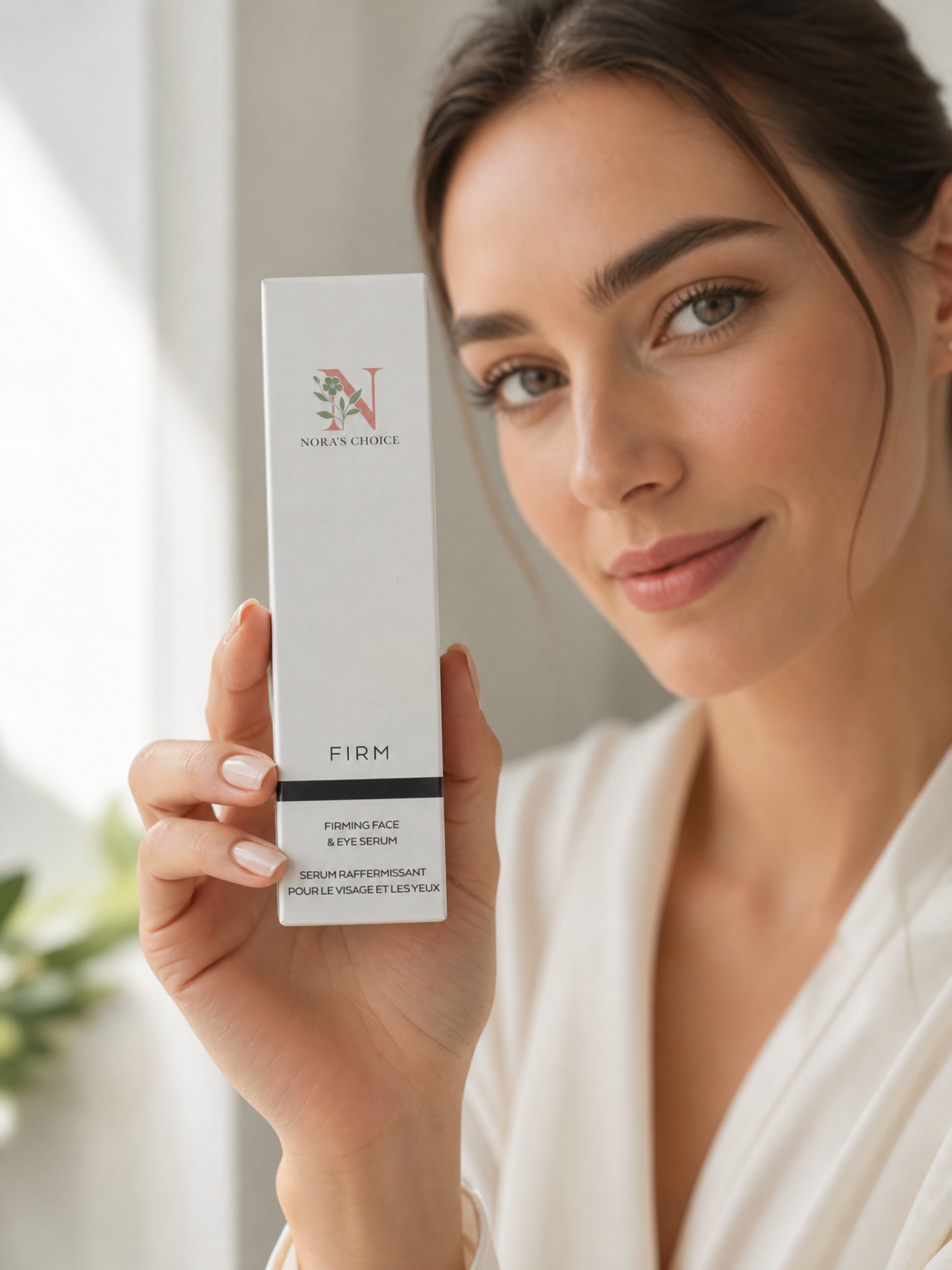 Model holding Anti-Aging Firm Face & Eye Serum box in soft natural light