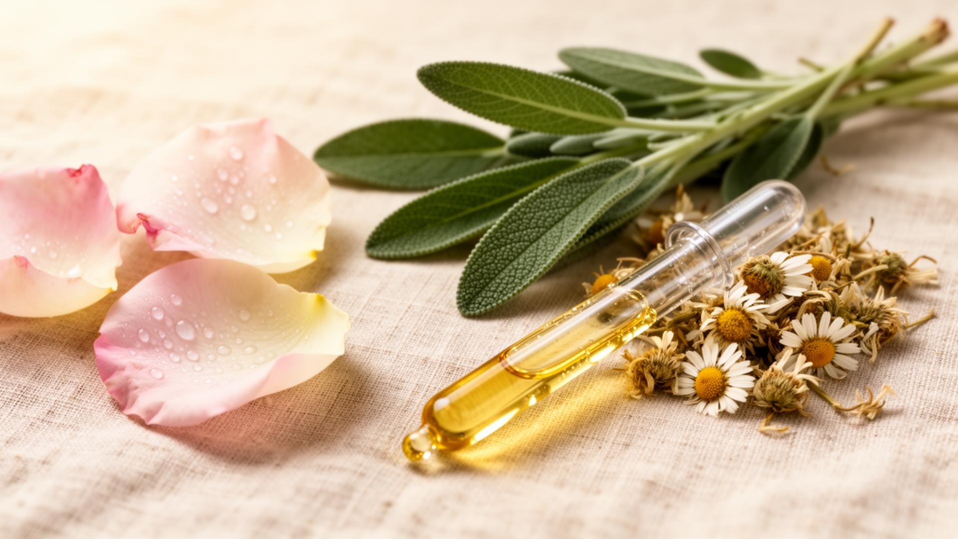 Rose petals, sage, chamomile, and a dropper of golden oil on natural linen