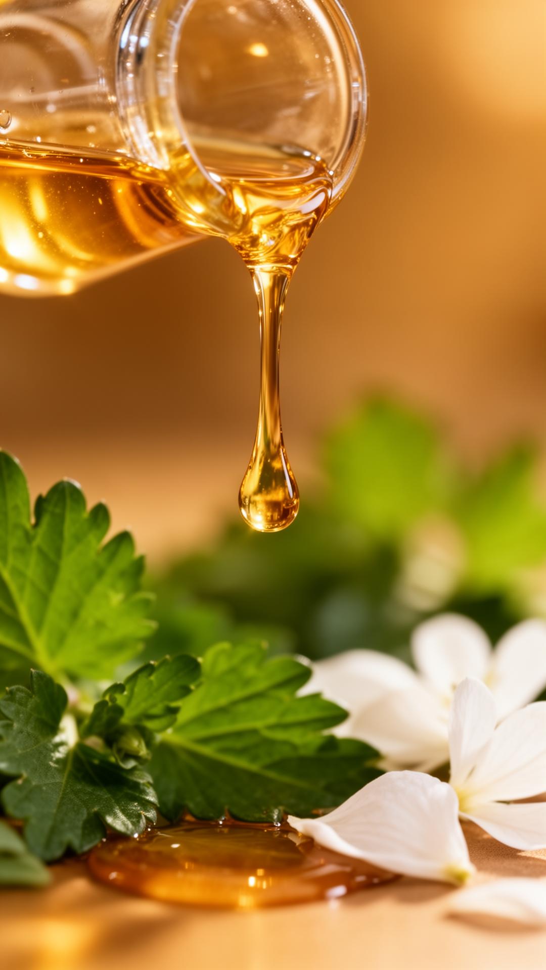 Golden serum being poured beside fresh herbs and white petals